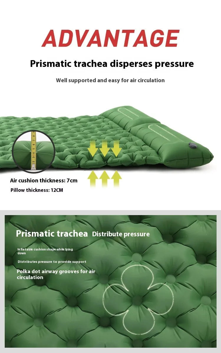 Double camping air mattress inflated, showing widened design and colour options including army green and dark blue.