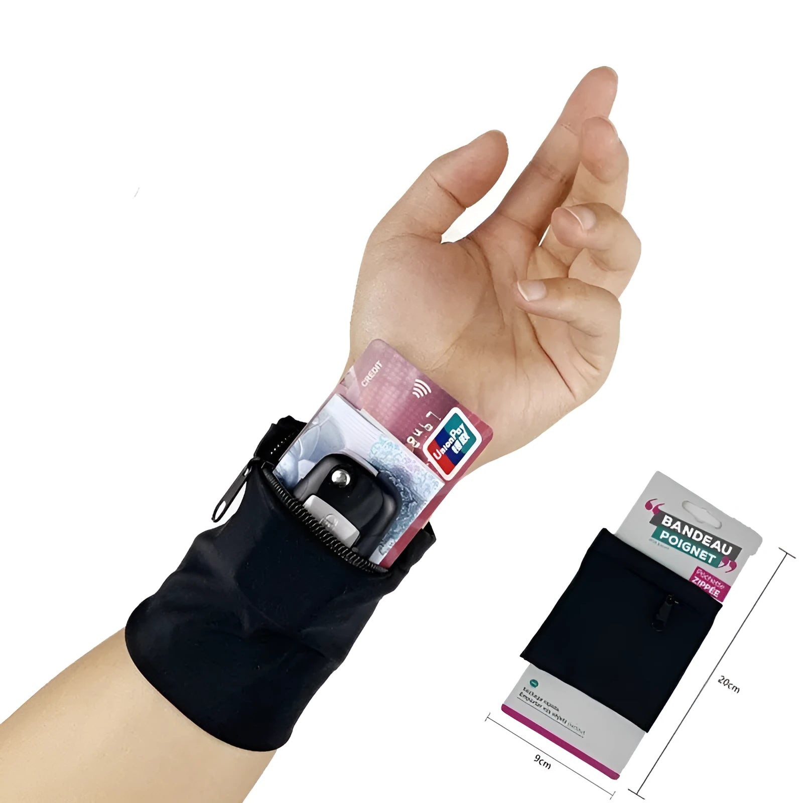 Black wrist armband with adjustable strap and a 10cm by 10.5cm main compartment for a mobile phone.