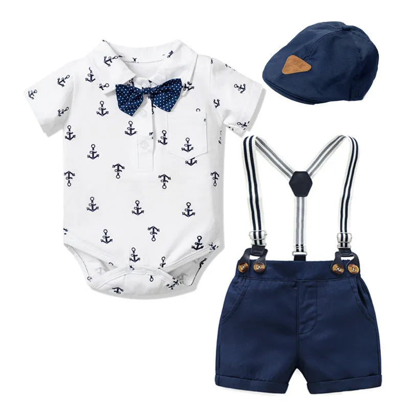 Blue cotton baby boy romper with gentleman print and short sleeves.