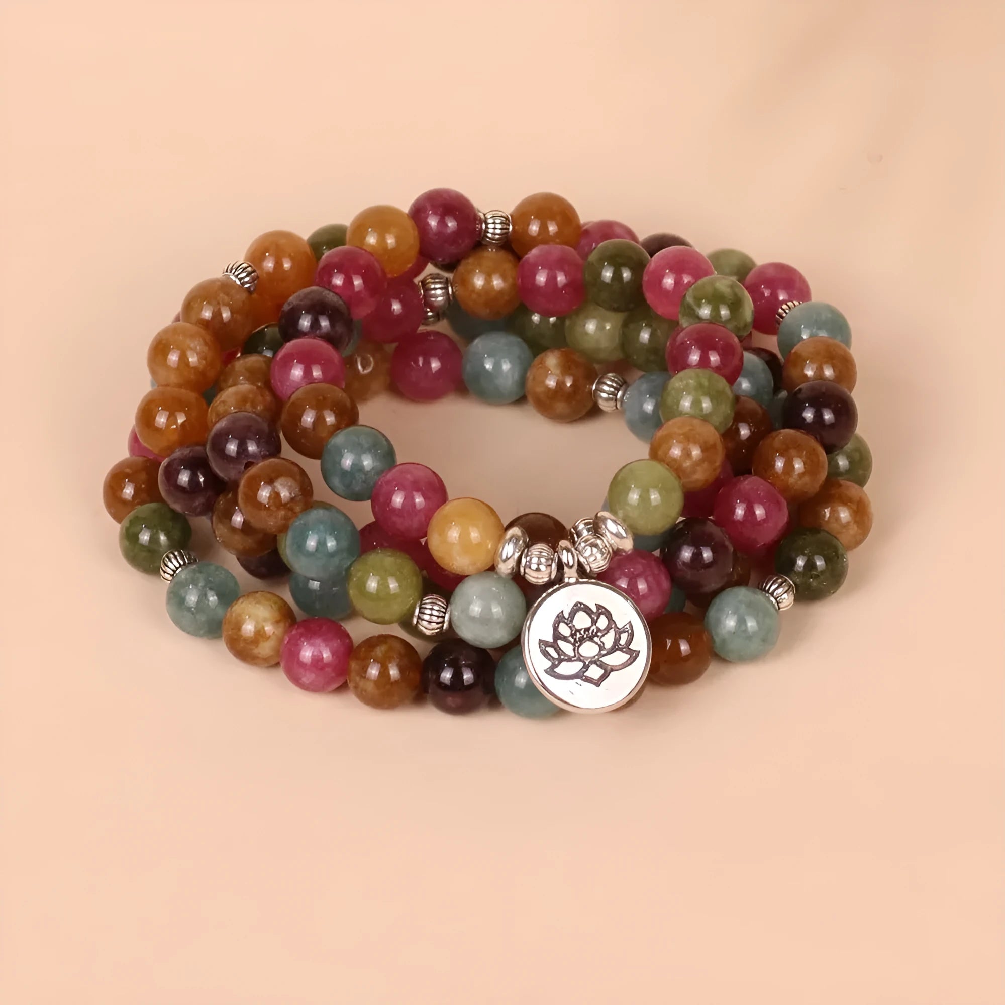 108 bead multi-layer bracelet with lotus hanging ornament in tourmaline colour