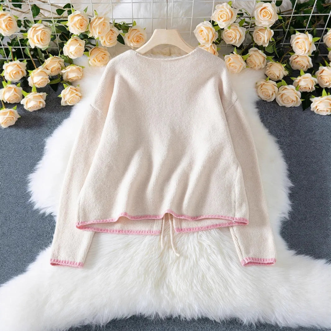 Women's beige loose knitted cardigan with contrast colour, front lace-up fastening and pocket, sizes S to XL
