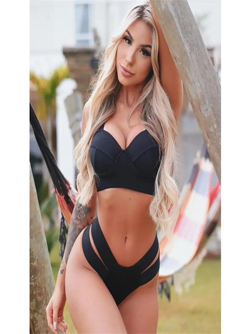 Women's rose red bikini swimsuit with steel bracket push-up board, shown as a two-piece set.