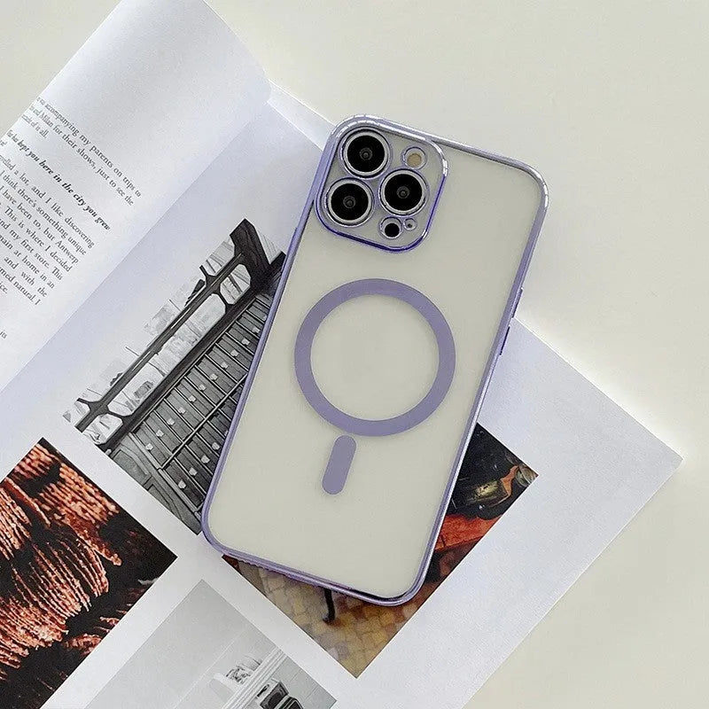 Magnetic charging iPhone case with plated frame in royal blue, black, red, gold, green, silver, or purple.