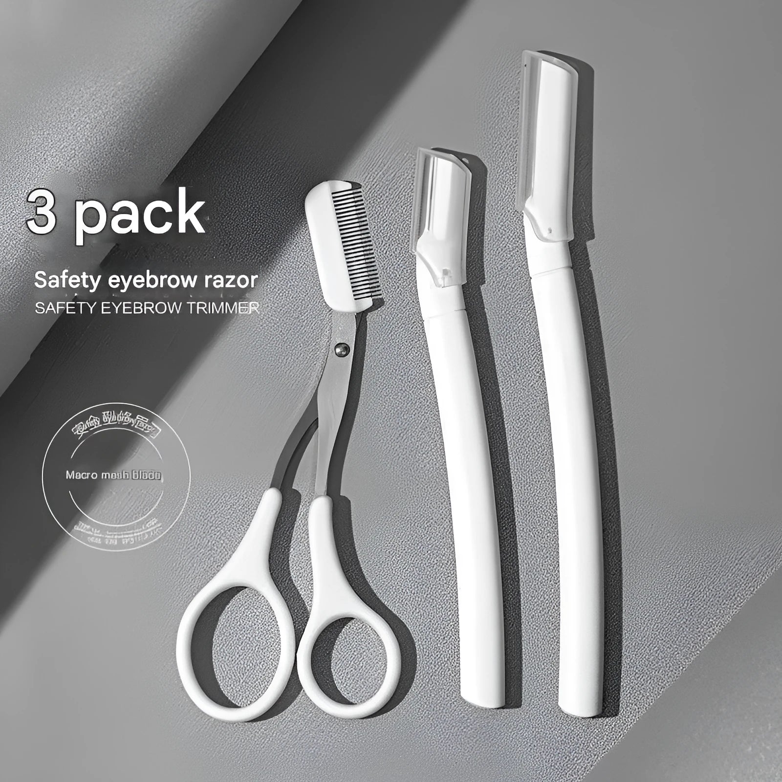 Safety design eyebrow trimmer set with macro detailing tool for precise eyebrow shaping