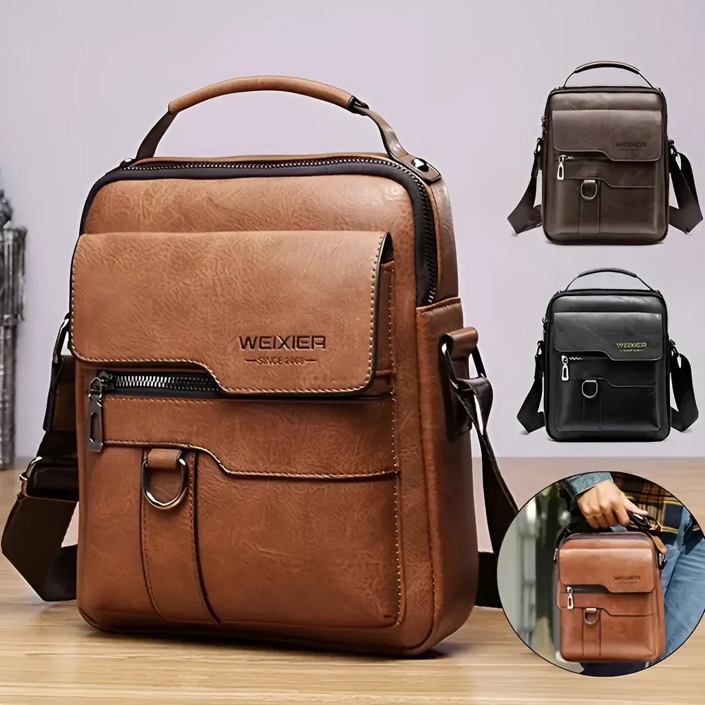 Men's one-shoulder retro messenger bag in PU leather with flap closure, black colour variant