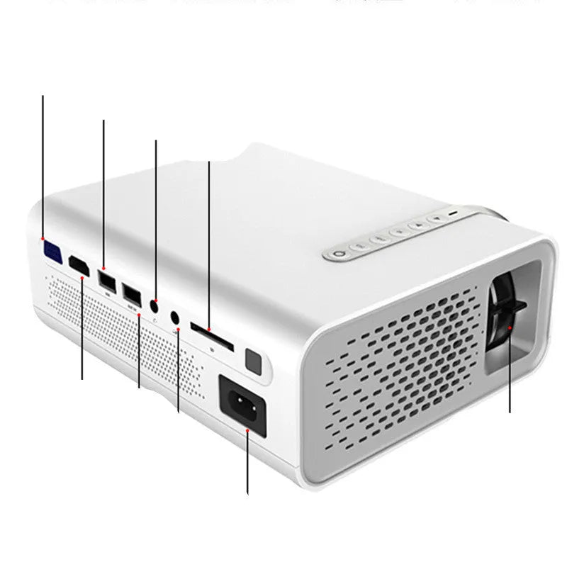 YG530 mini mobile phone projector in black or white with wireless connectivity and international plug adaptors