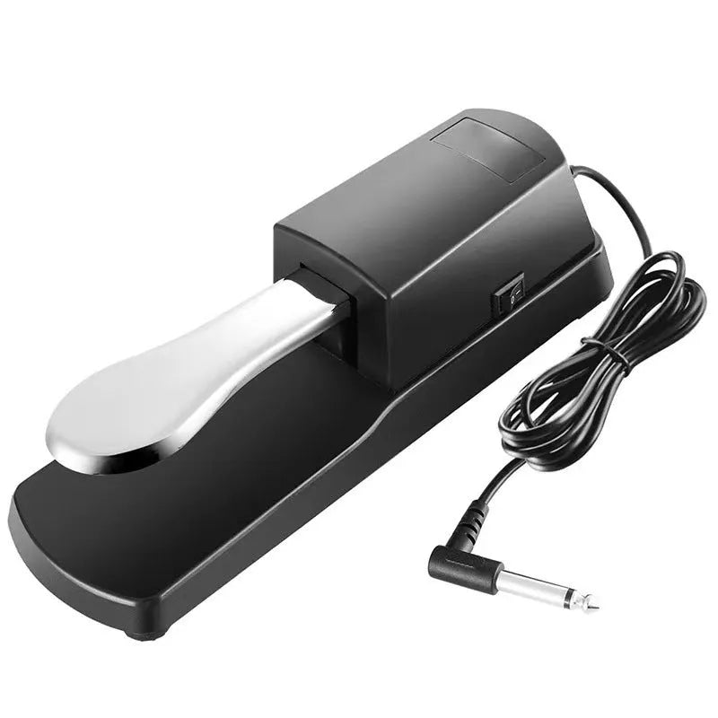 Black universal sustain pedal for electronic MIDI keyboards with single leg design and 6.35mm jack connector