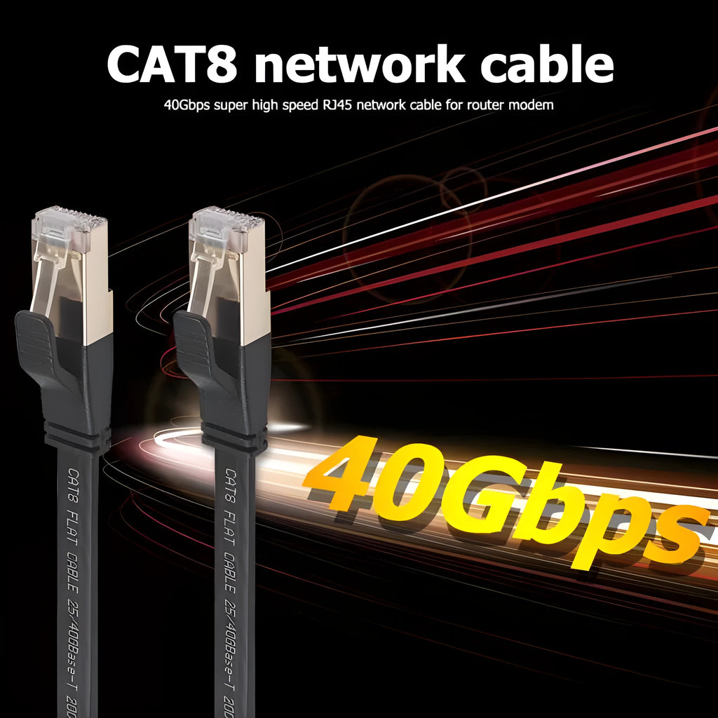 Cat8 SFTP Ethernet patch cord with gold-plated RJ45 connectors, multiple length options