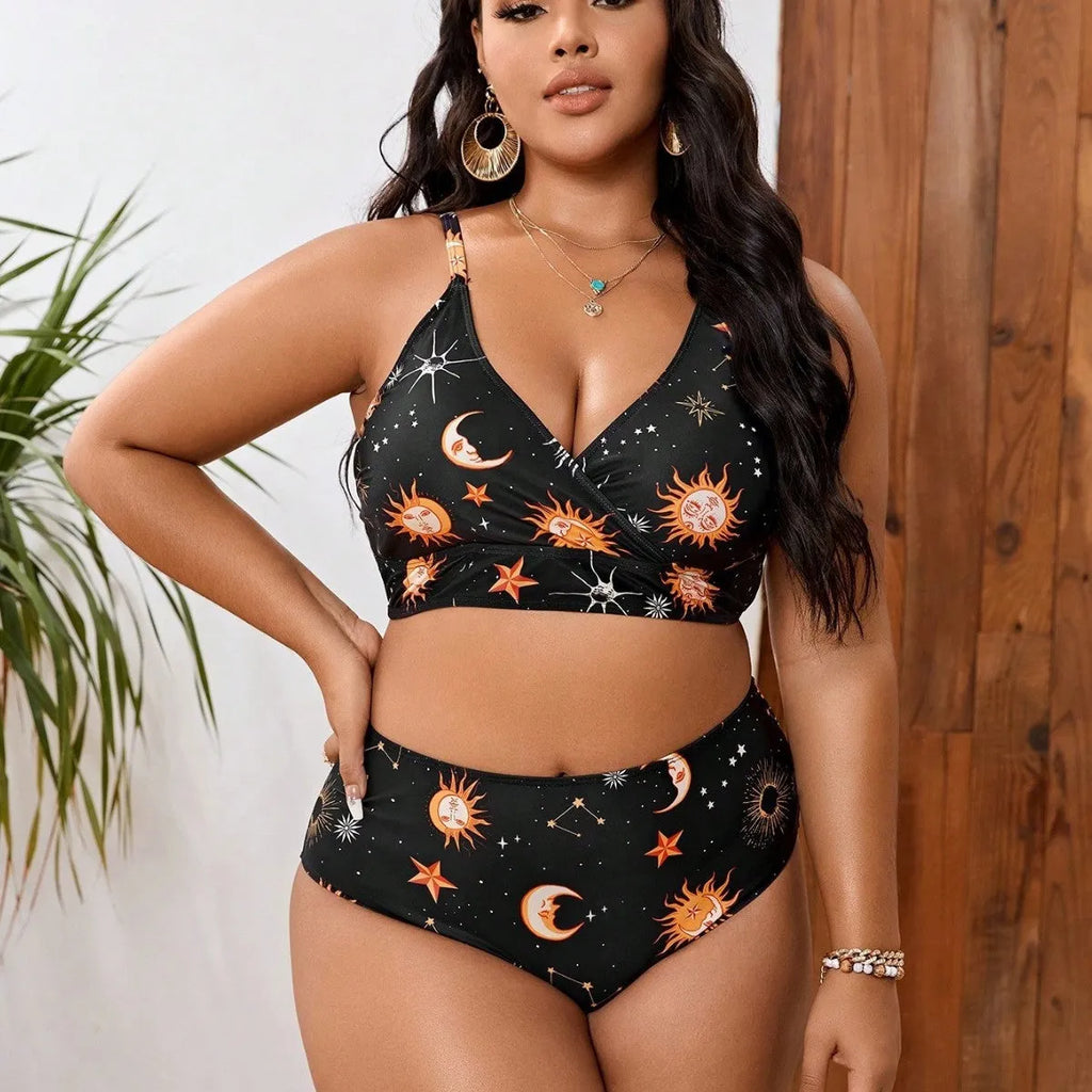 Women's split printed swimsuit in large size L-4XL, sleeveless brief style for swimming and wading