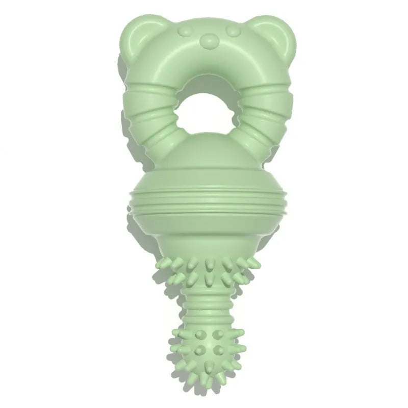 Blue rubber dog chew toy with textured surface for cleaning teeth, shown next to a measuring tape indicating 13.5cm diameter.