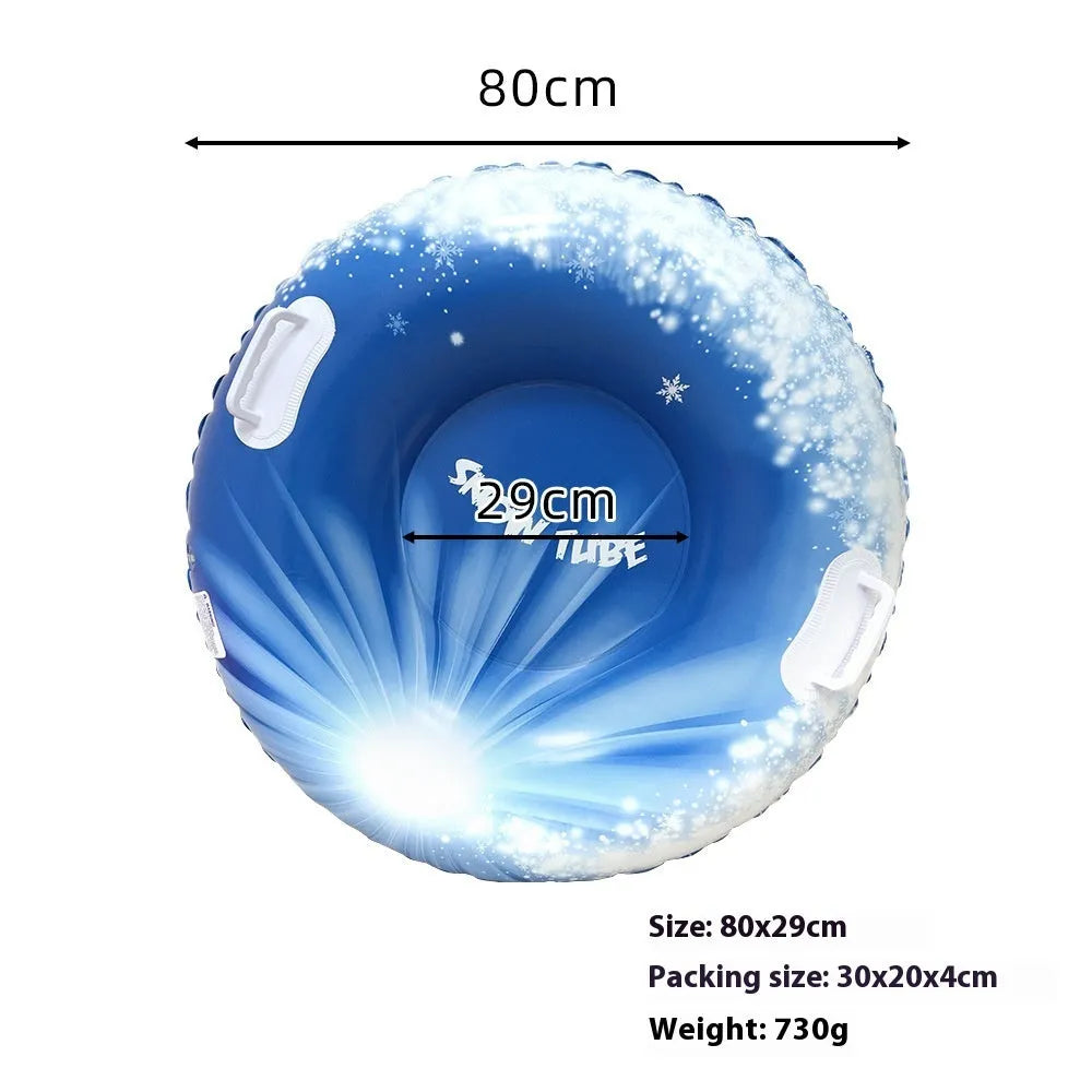 A colourful printed PVC plastic ski ring toy on a winter background.
