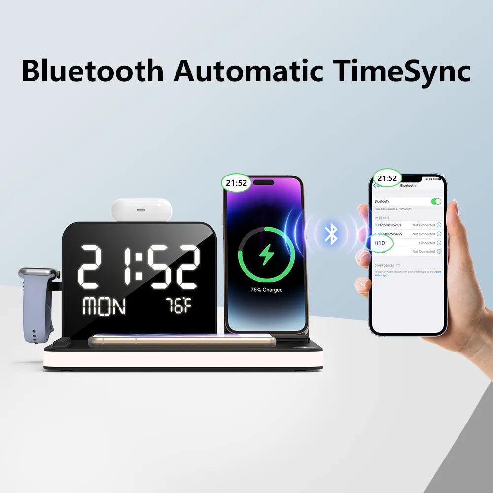 7-in-1 multifunctional wireless charging station black with touch night light and week temperature display