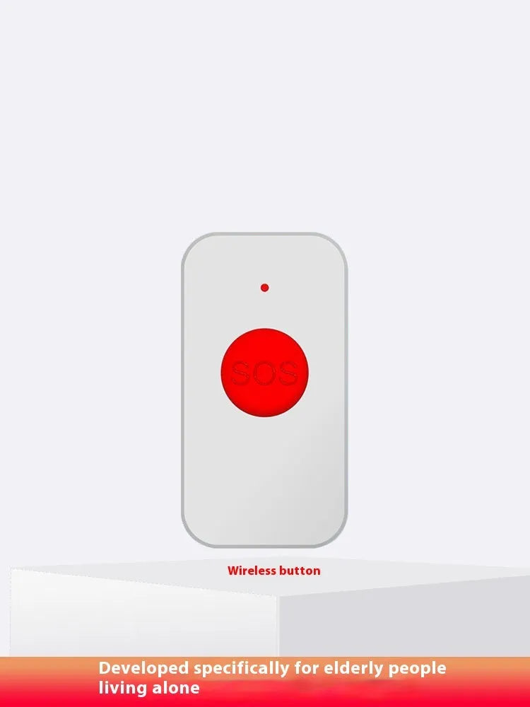 White central buzzer unit and three white emergency call buttons for a one-click elderly alert system.
