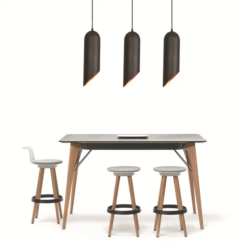Matte black wrought iron retro chandelier ceiling light with a visible suspension rod and bulb holder.