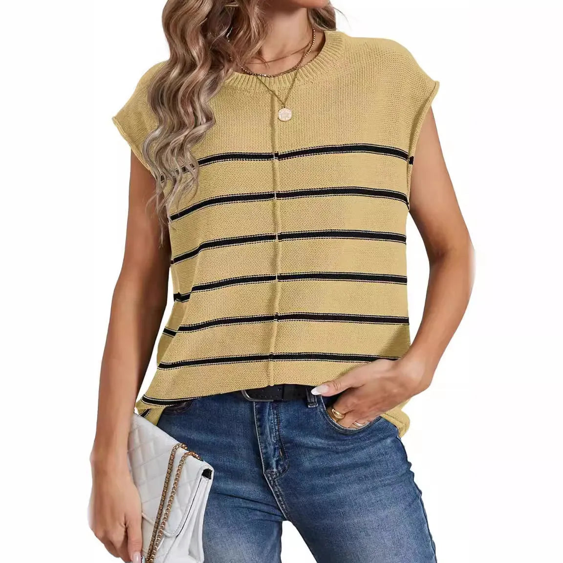 Women's striped sleeveless vest pullover top in apricot colour showing bone stitch detail.