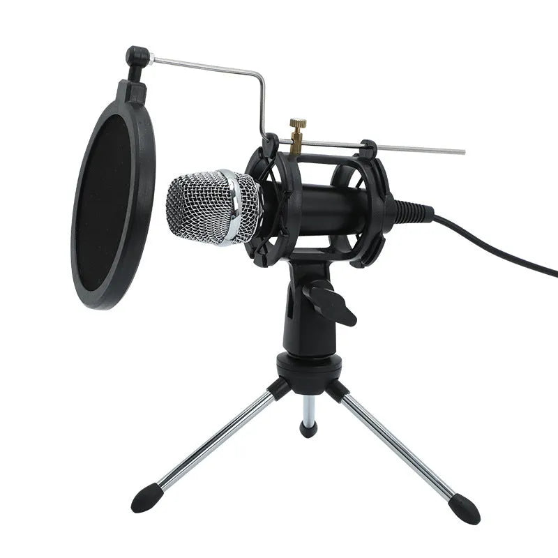 Black or silver condenser microphone on aluminium stand with 3.5mm and USB cables for mobile phone and computer broadcasting