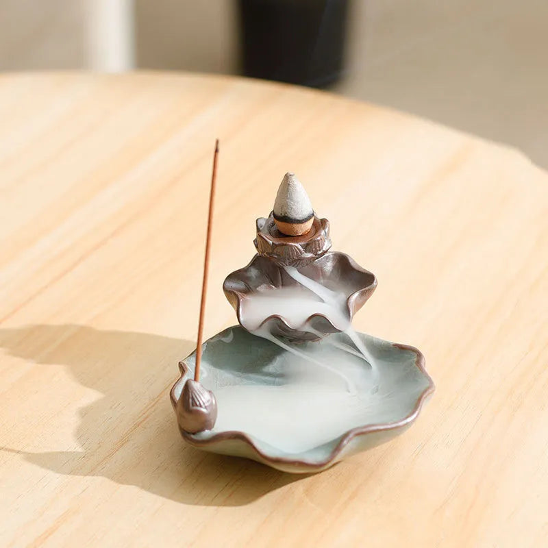 Ceramic reverse flow incense burner with purple clay construction and Ge kiln process