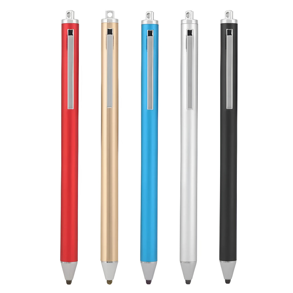 A black metal stylus with a fine point tip positioned next to a mobile phone and tablet on a desk.