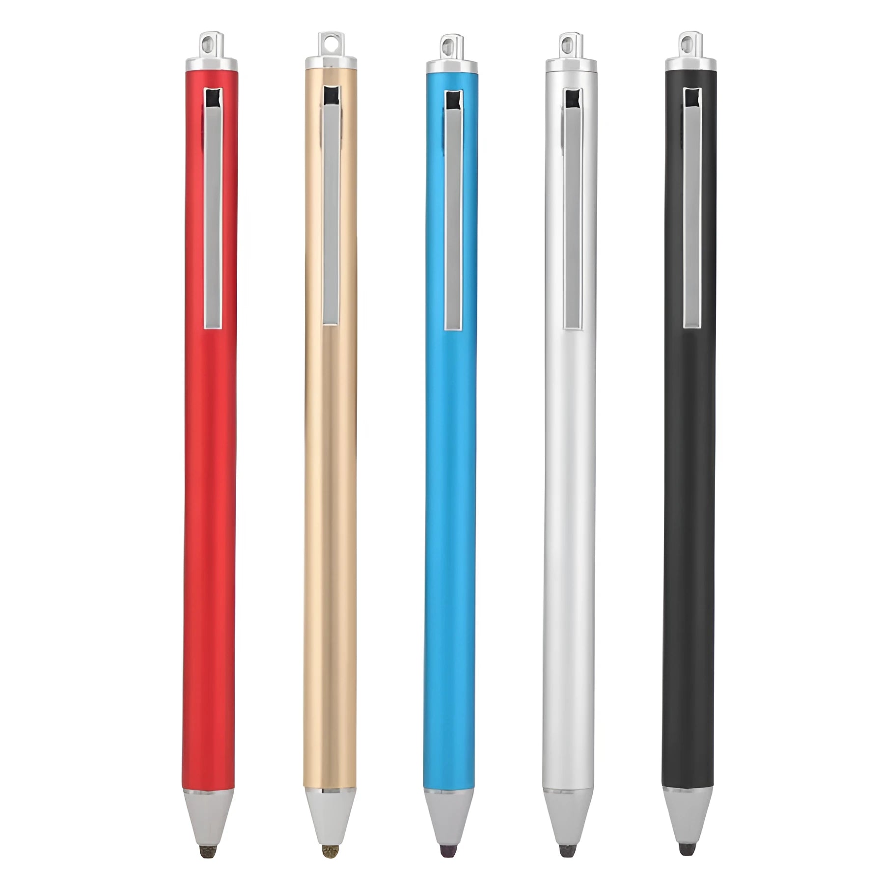 A black metal stylus with a fine point tip positioned next to a mobile phone and tablet on a desk.