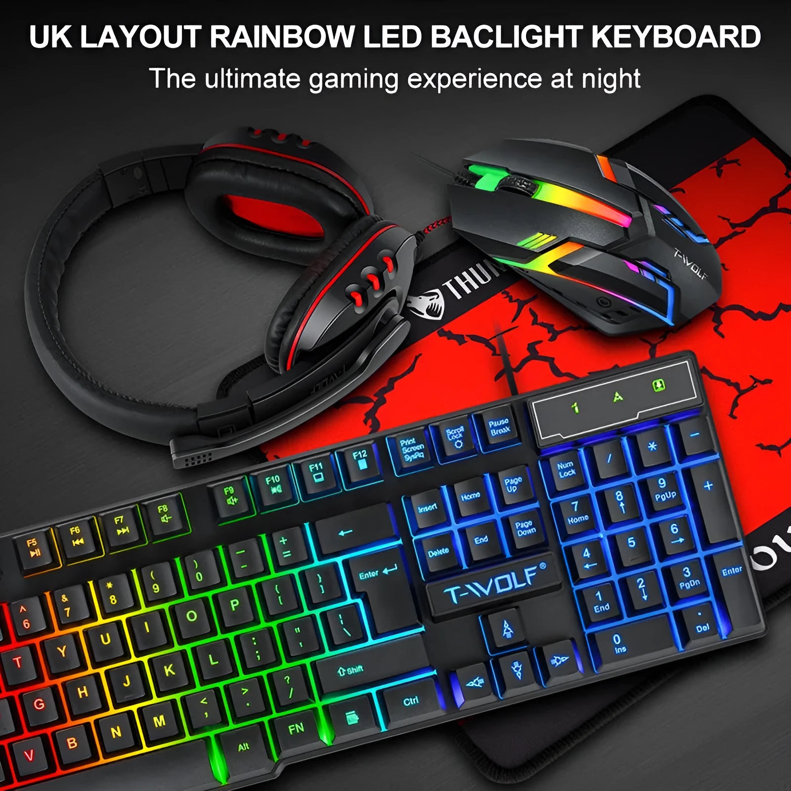 Thunder Wolf wired USB gaming bundle with keyboard, mouse, headset and mouse pad set