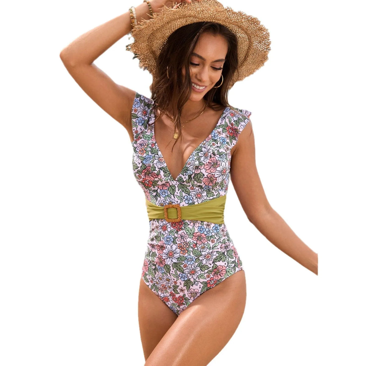 Womens one-piece swimsuit with back lace ruffled belt in solid colour nylon spandex fabric