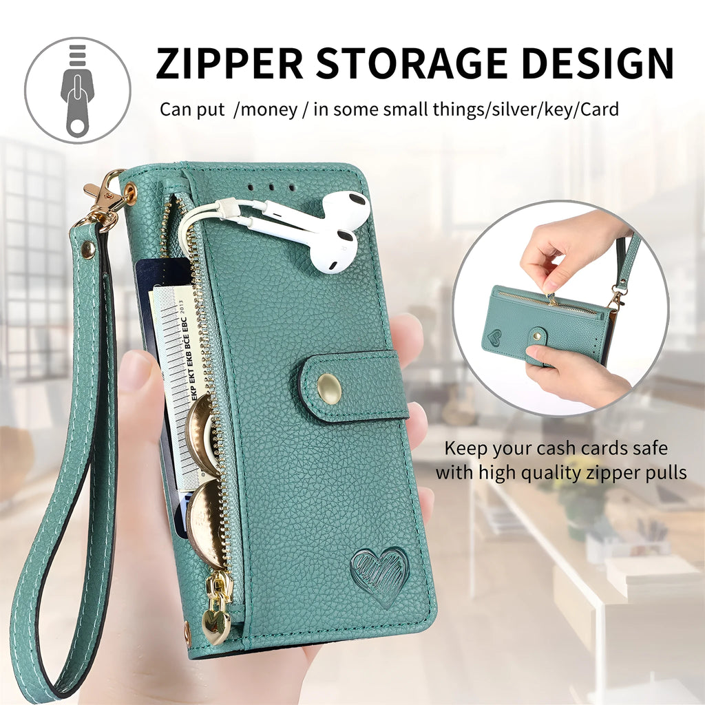 PU leather litchi pattern RFID swiping lanyard phone case for Apple iPhone with built-in bracket in pink