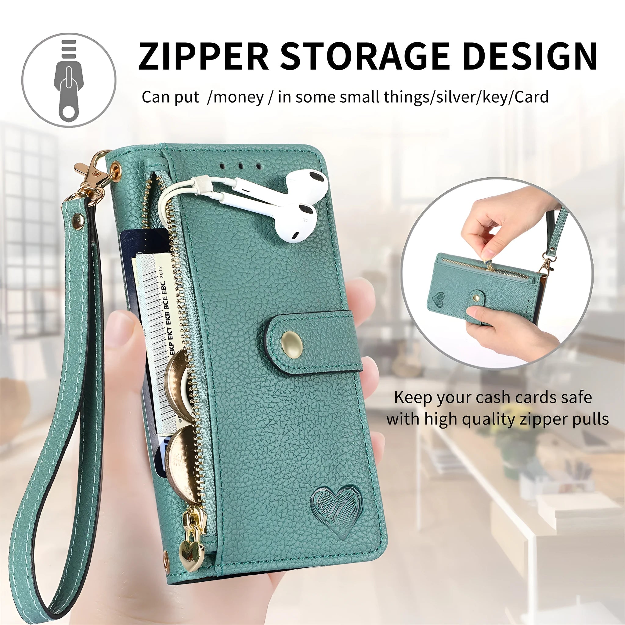 PU leather litchi pattern RFID swiping lanyard phone case for Apple iPhone with built-in bracket in pink