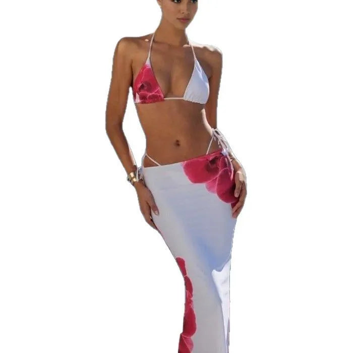White printed bandage skirt bikini swimsuit three-piece set for women with polyester fabric