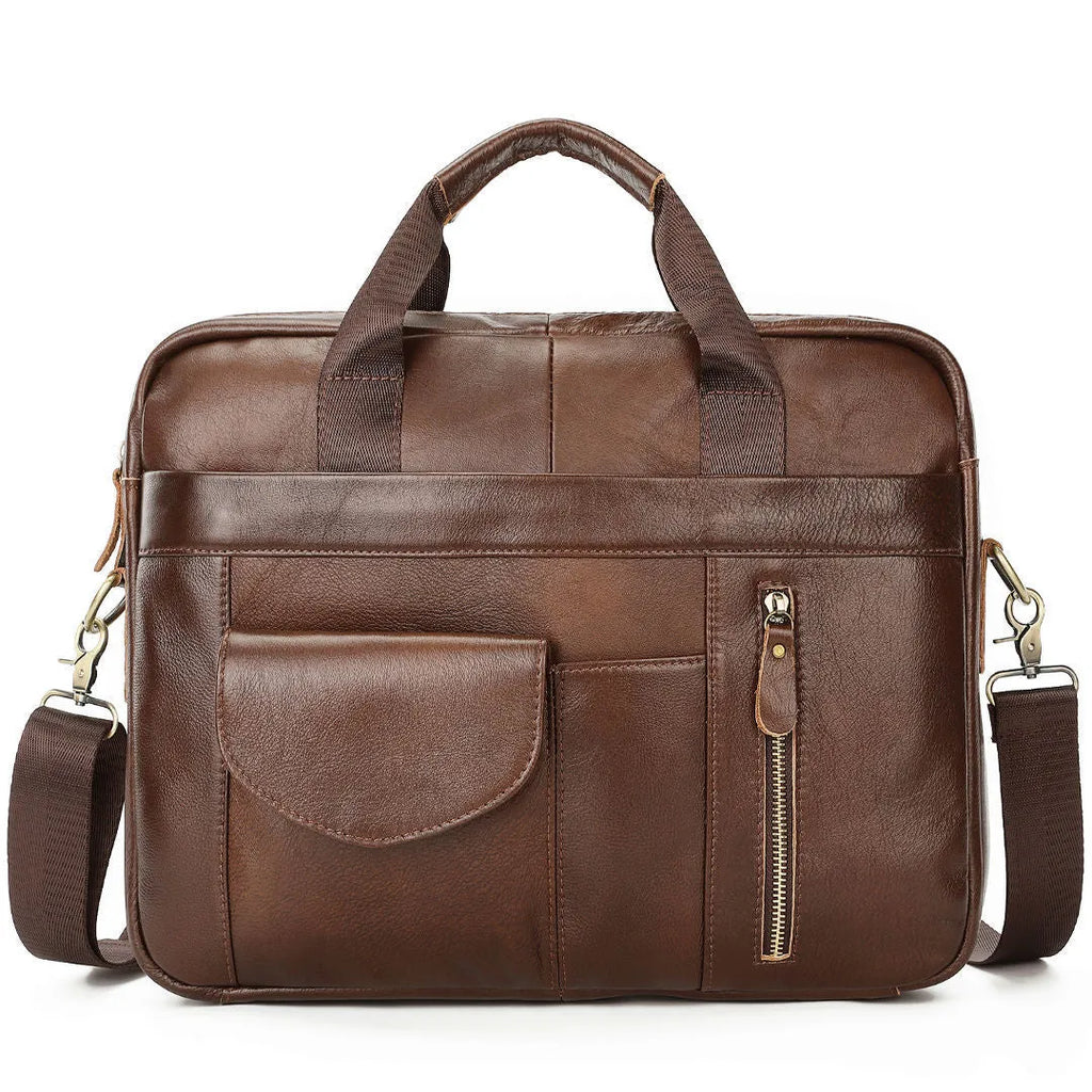 Men's 10-inch first-layer cowhide leather cross-body briefcase, vertical square zip-top bag, black or brown