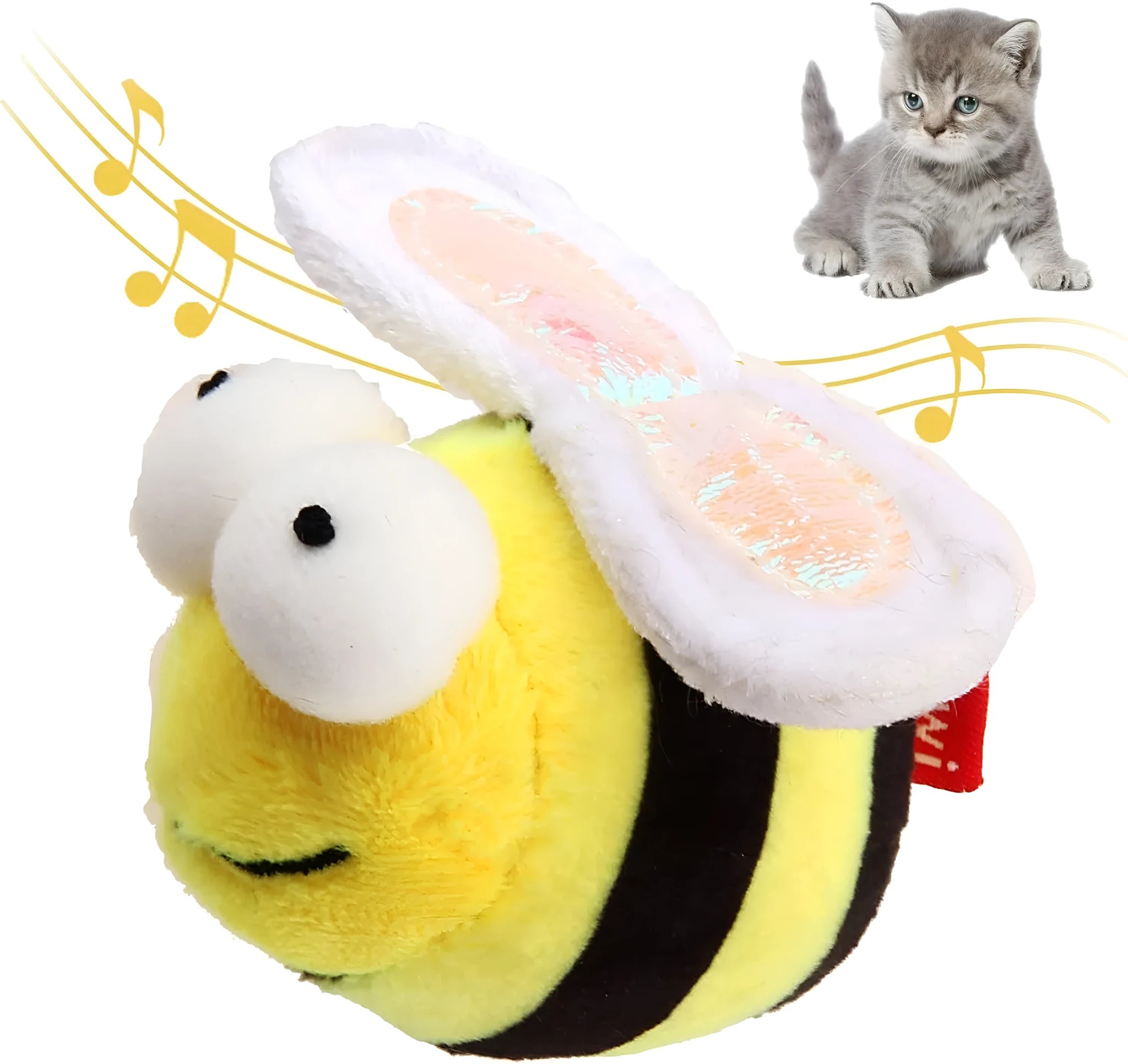 Yellow bee-shaped electronic cat toy with motion-activated chirping for indoor feline entertainment