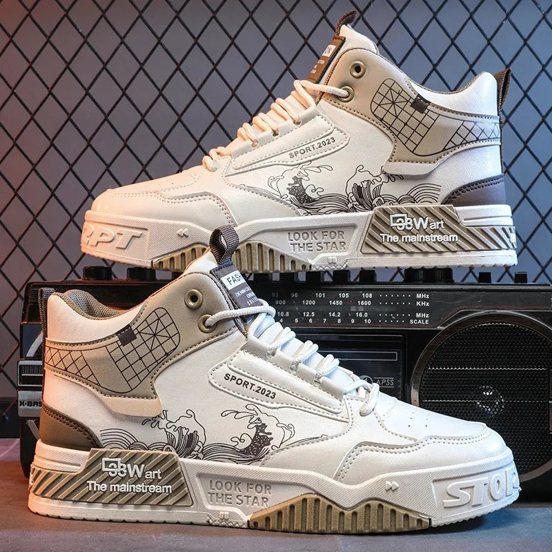 Men's high-top board shoes in beige colour with front lace-up design and rubber sole