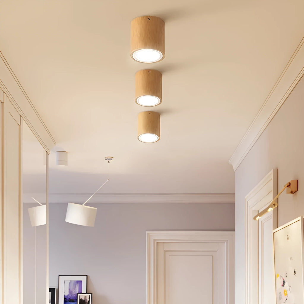 Solid wood modern surface mounted downlight in wood colour round and square shapes for corridor or entrance.