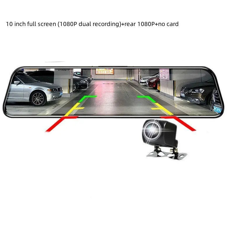 10-inch full screen car dash cam with front and rear cameras on a car dashboard