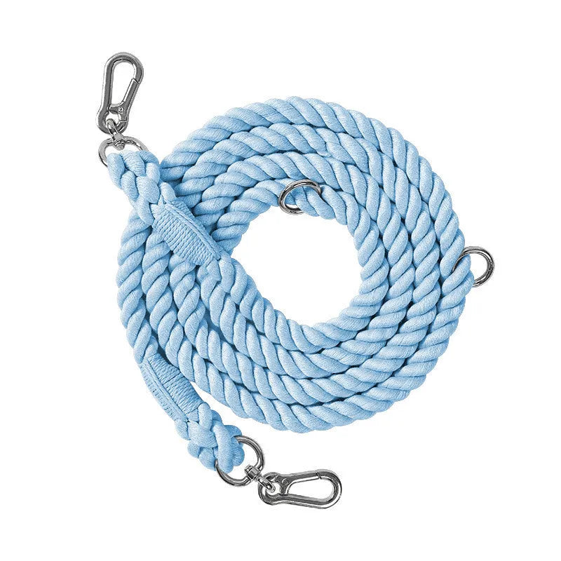 Woven rainbow double-ended dog lead with hand-held rope section in multiple colour options