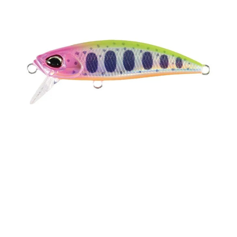 Japanese Submerged Mino hard fishing lure in multiple colours, showing 48mm length and detailed scale pattern for Mandarin Fish and Snakehead.