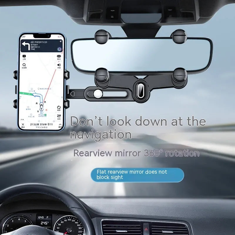 Retractable car phone holder mounted on rearview mirror with adjustable bracket for 4.0-7.0 inch mobile devices