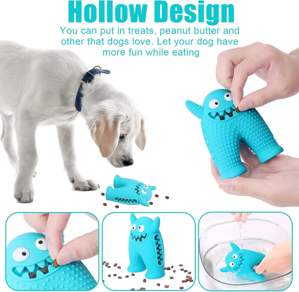 Monster-shaped squeaky dog toy made of natural rubber with tooth slot for cleaning teeth during chew play for small dogs