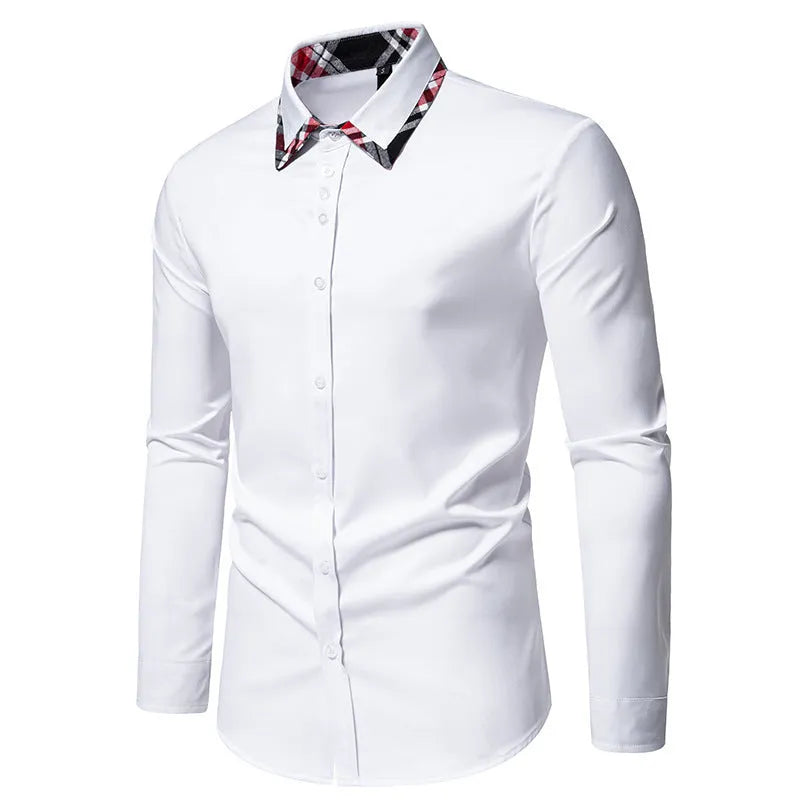 Men's blue plaid long sleeve shirt with a white triangle contrast collar laid flat.
