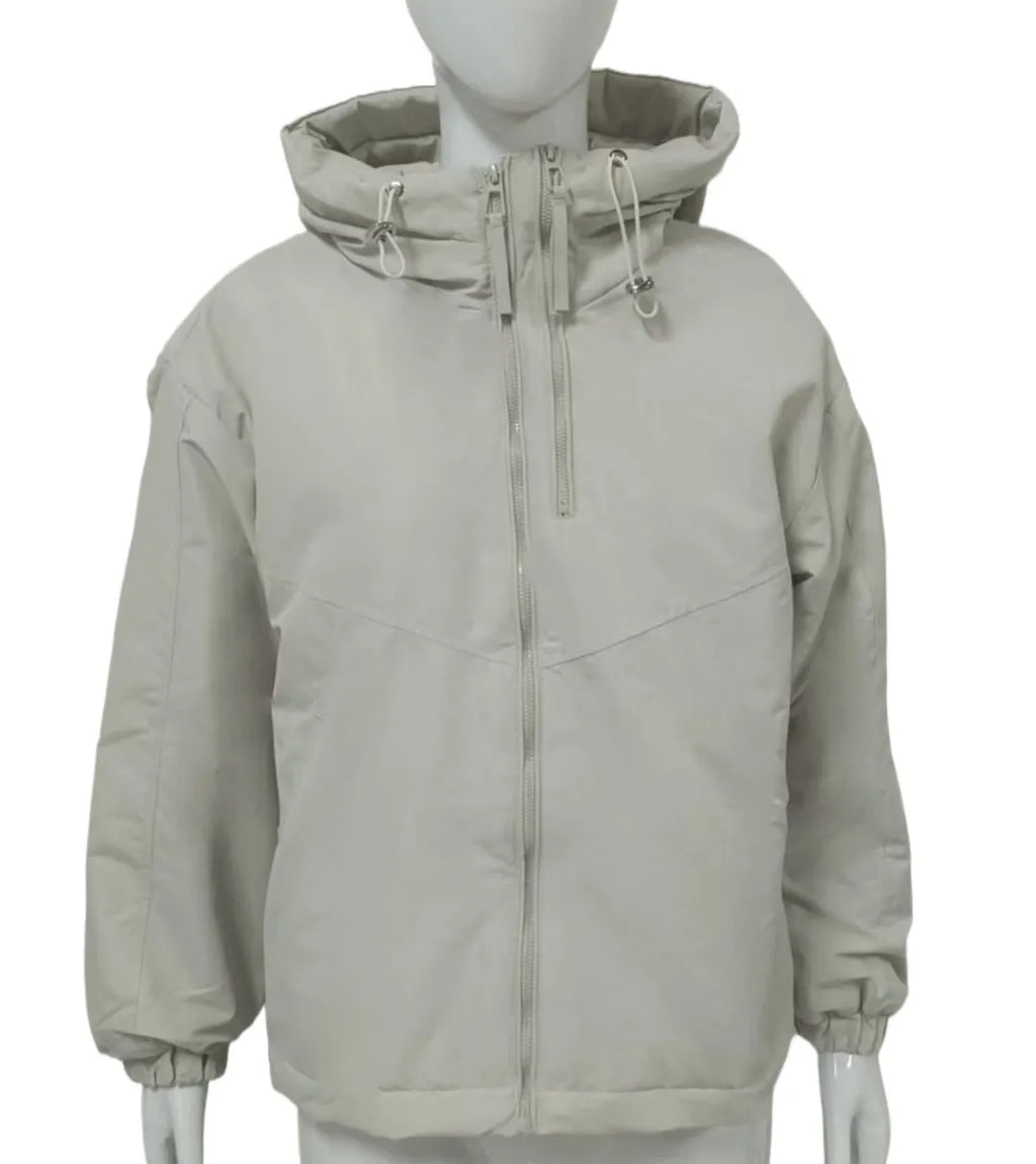Grey loose-fit women's hooded shell jacket with long sleeves on a hanger.