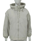 Grey loose-fit women's hooded shell jacket with long sleeves on a hanger.