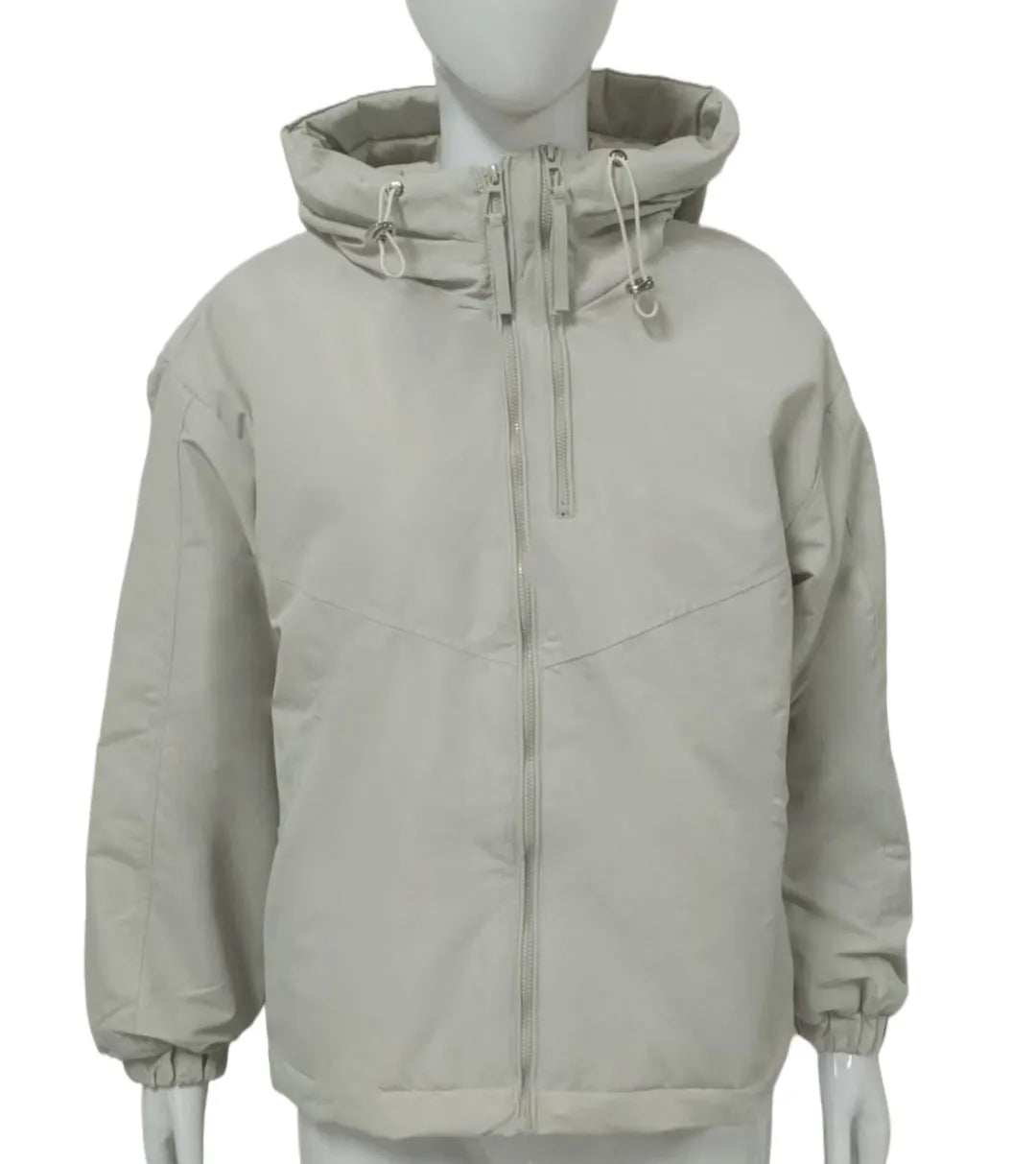 Grey loose-fit women's hooded shell jacket with long sleeves on a hanger.