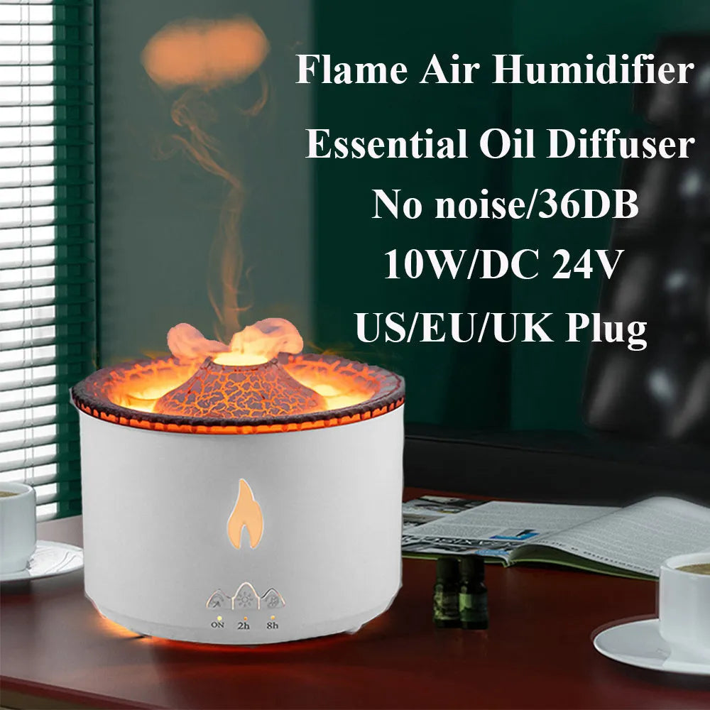 Black columnar ultrasonic essential oil humidifier diffuser with flame and jellyfish effects, 350ml, three fog outlets, 36dB quiet