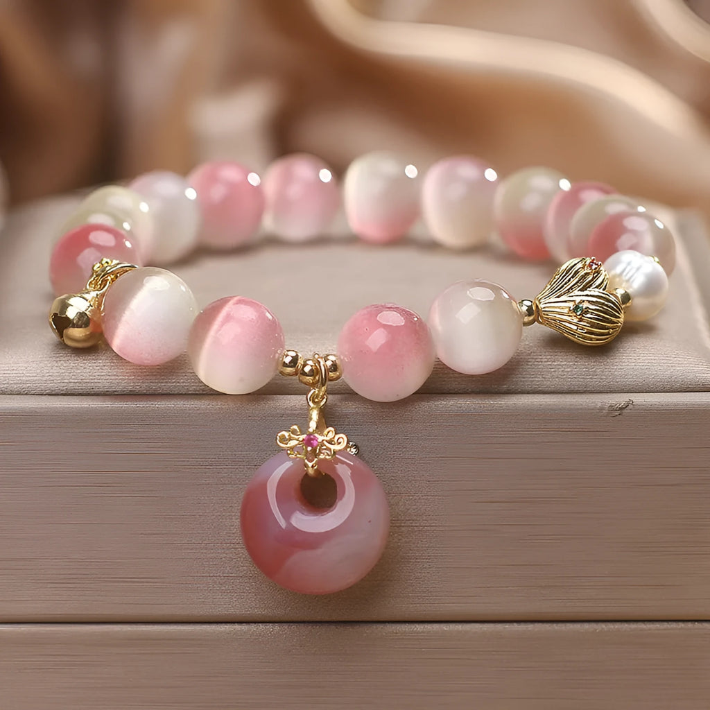 Natural gradient opal agate bracelet for women with pink stones and safety buckle pendant