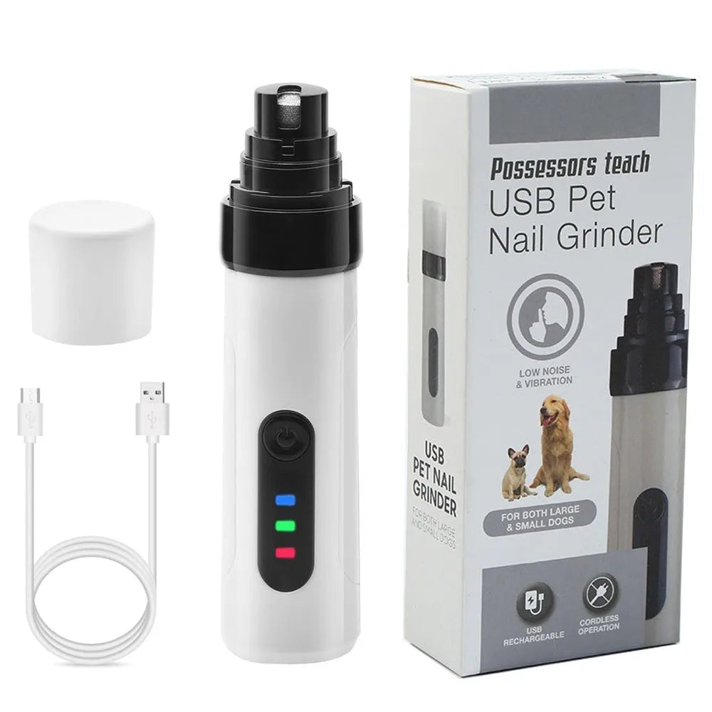 Electric dog nail trimmer with LED display, three-speed settings, and dust collection compartment.