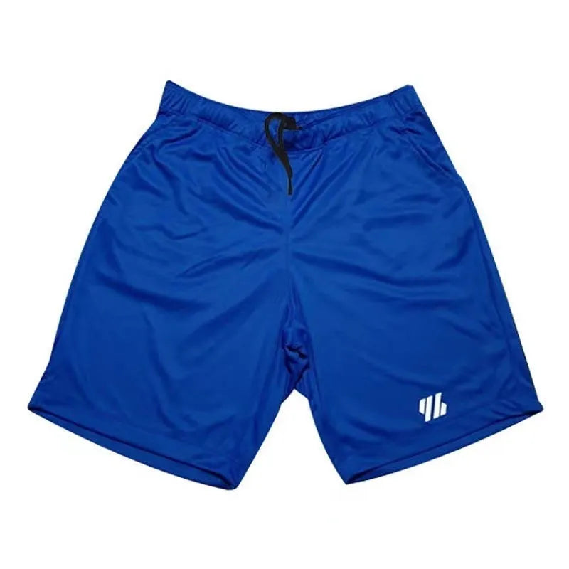 Black metal silk fabric loose running shorts laid flat, showing sports style and unlined construction.