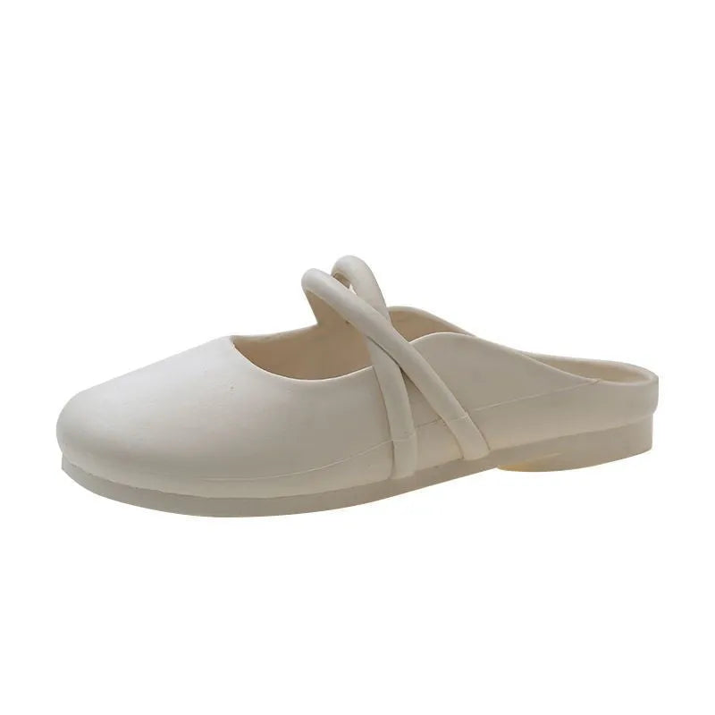 Women's black closed-toe plastic flip flops on a plain background, showing baotou style and strap design.