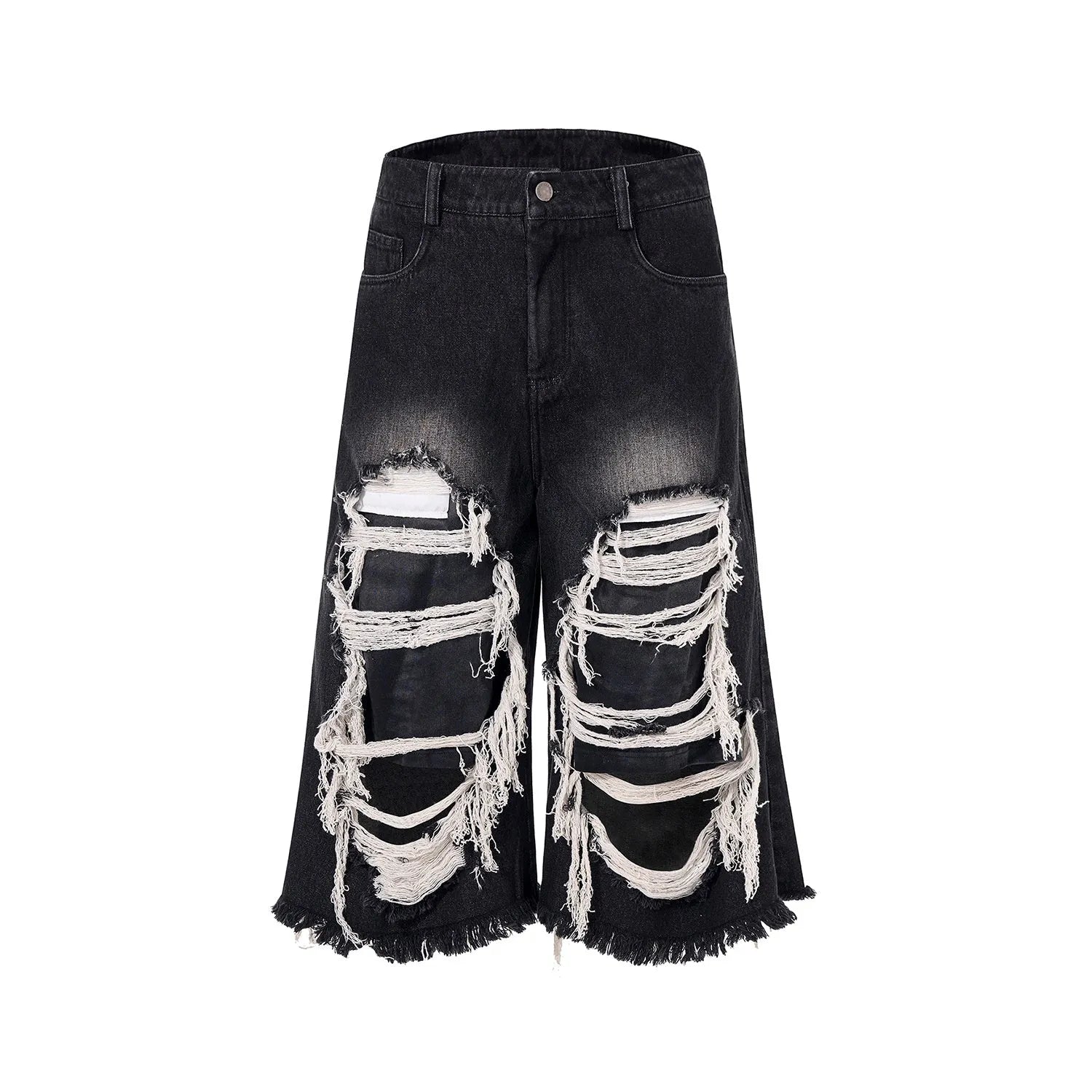 Black wide leg cropped jeans with distressed patch details and a mid-high waist.