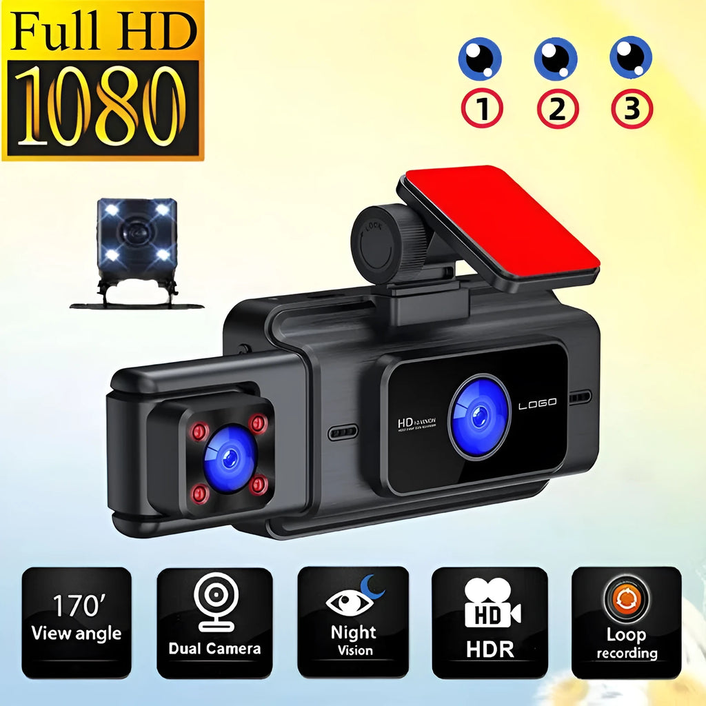 Black 3-lens front windscreen car dash cam with a 3-inch screen, showing dimensions of 7.3 by 11.1 by 15.3 centimetres.