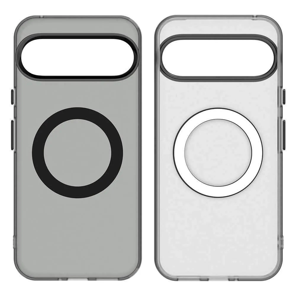 Frosted protective phone case for Google Pixel 9 series with magnetic charging feature and coloured edges.