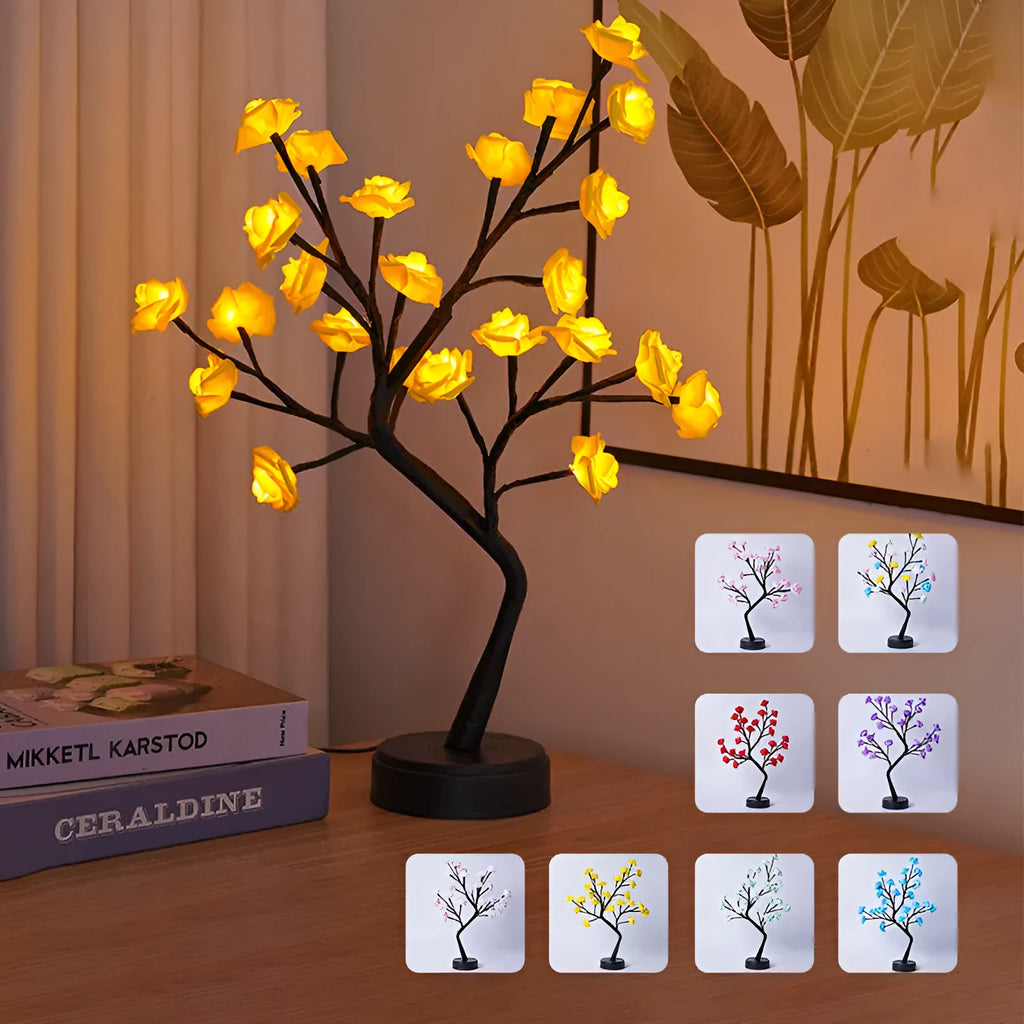 USB rose tree table lamp with bendable branches and LED night light in pink rose colour